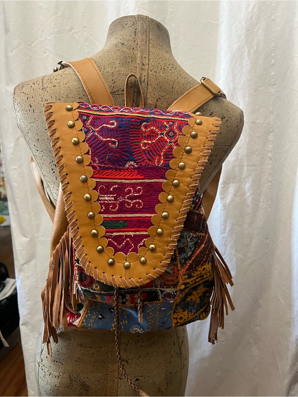 Vintage addiction Fringed Embroidered Boho Backpack - Tan & Multi